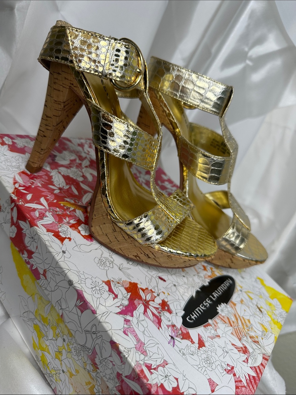 Chinese Laundry Metallic Gold Cork Platform Strappy Heels